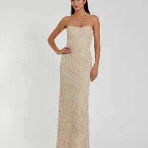 Beige Strapless Beaded Lace Fitted Column Gown