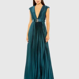Blue Pleated Plunge Neck Belted A Line Gown