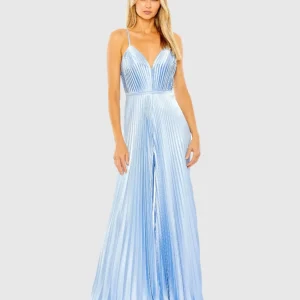 Light Blue Pleated Plunge Neck Wide Leg Jumpsuit