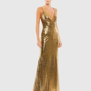 Gold Metallic Faux Wrap Spaghetti Strap Gown