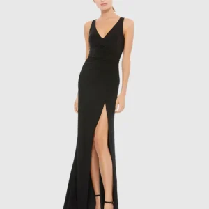 Black Faux Wrap Sleeveless V Neck Gown