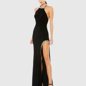 High Slit Halter Gown w/ Rhinestone Accents