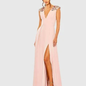 Beaded Cap Sleeve V Neck A Line Gown