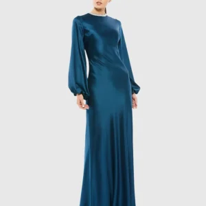 Blue Beaded High Neck Bishop Sleeve Satin Gown