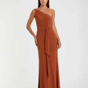 Orange Jersey One Shoulder Belted Trumpet Gown