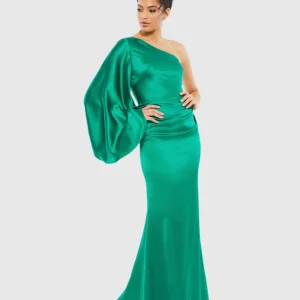 Green Satin Puff Sleeve Gown