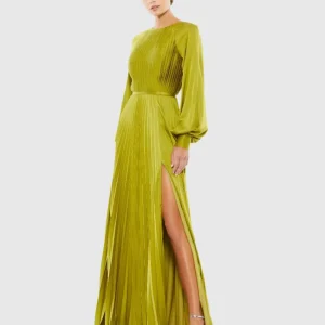 Green Pleated High Neck Long Sleeve Gown with Slit