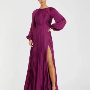 Purple Pleated High Neck Long Sleeve Gown with Slit