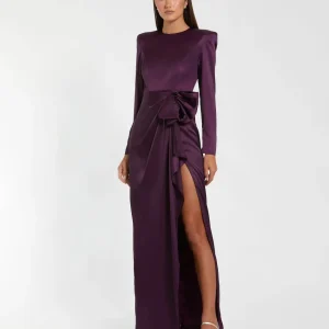 Purple Long Sleeve Structured Bow Draped Column Gown