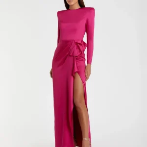 Pink Long Sleeve Satin Structured Bow Draped Column Gown