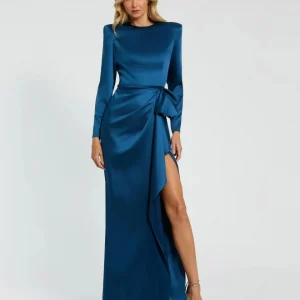 Blue Long Sleeve Satin Structured Bow Draped Column Gown