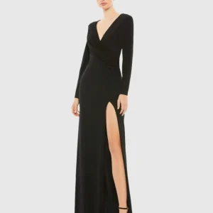 Jersey Long Sleeve Asymmetrical Ruched Gown
