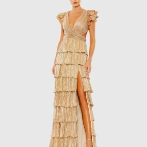 Gold Ruffle Tiered Criss Cross Lace Up Gown