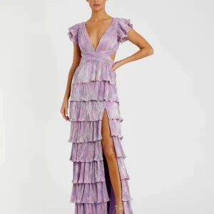 Purple Ruffle Tiered Criss Cross Lace Up Gown