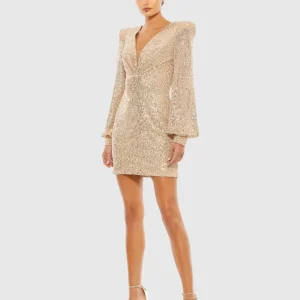 Sequined Structured Bishop Sleeve Mini Dress