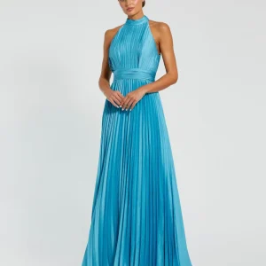 Blue Sleeveless Halter Neck Pleated Satin Gown