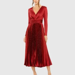 Deep Red Pleated Long Sleeve V-Neck Dress