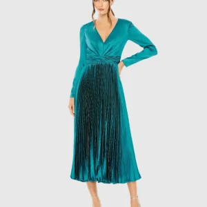 Pleated Long Sleeve V-Neck Dress