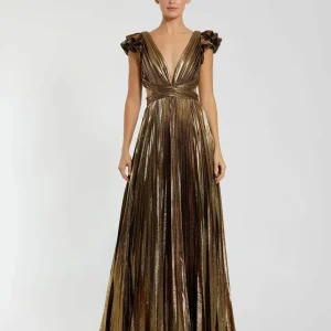 Ruffle Sleeve Cutout Pleated Metallic Gown