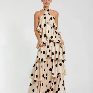 Beige Tiered Ruffle Polka Dot Charmeuse Gown