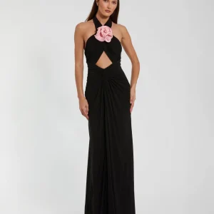 Black Jersey Crossover Halter Neck Gown With 3D Flower