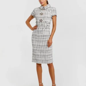 White Fitted Boucle Short Sleeve Button Up Midi Dress