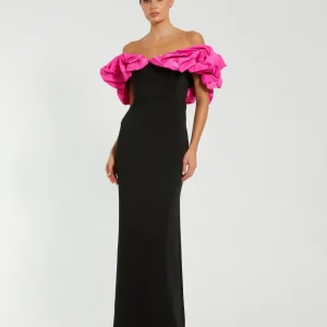 Black Crepe & Faille Off The Shoulder Gown
