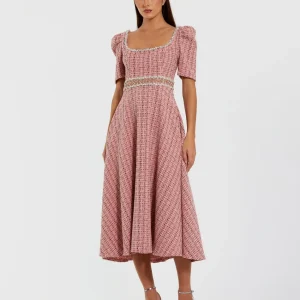 Pink Puff Sleeve Boucle Midi Dress With Beaded Belt