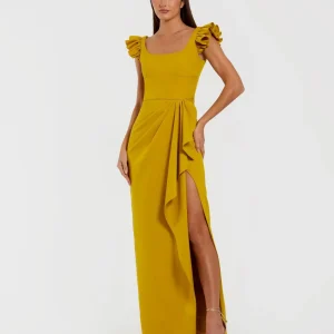 Yellow Square Neck Column Gown With Ruffle Detail