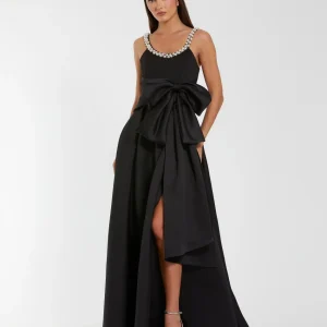 Satin Gown With Pearl Neckline and Bow Detail