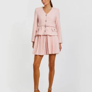 Light Pink Boucle Long Sleeve V-Neck Mini Dress