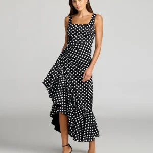 Black Sleeveless Polka Dot Midi Dress With Ruffled Hem