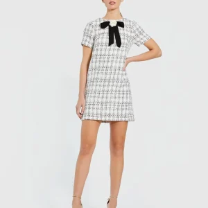 White Short Sleeve Boucle Mini Dress with Bow