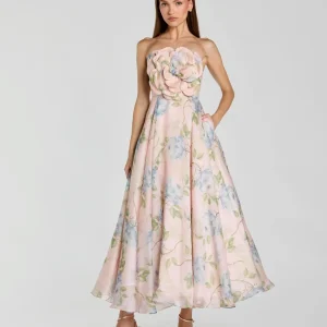 Pink Strapless Floral Organza Midi Dress With Flower