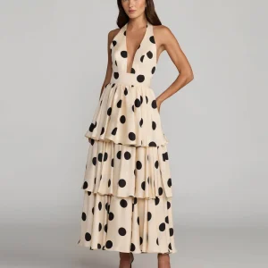 Beige Halter Neck Polka Dot Ruffle Maxi Dress