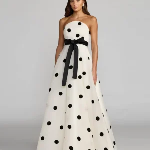 White Strapless Polka Dot Organza Gown With Satin Bow