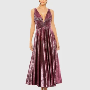 Pink Sleeveless V Neck Pleated Top Metallic Dress