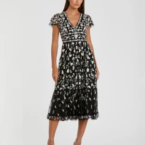 Embroidered V Neck Cap Sleeve Midi Dress