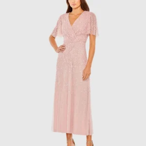 Pink Beaded Wrap Over Butterfly Sleeve Dress