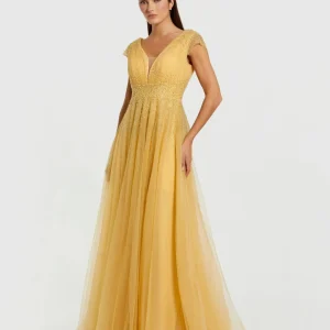 Yellow Embellished Cap Sleeve V Neck Tulle Gown