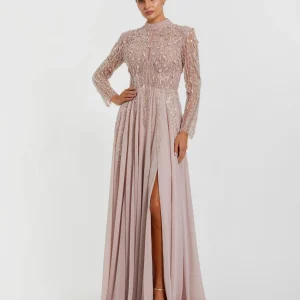 Light Purple Embellished Long Sleeve Gown with Slit