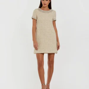 Ivory Short Sleeve Embellished Boucle Mini Dress