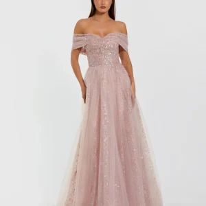 Pink Embroidered Tulle Off The Shoulder Ball Gown