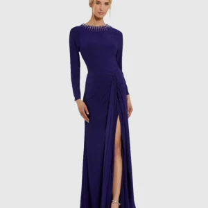 Purple Long Sleeve Jersey Ruched Gown With Beaded Neck