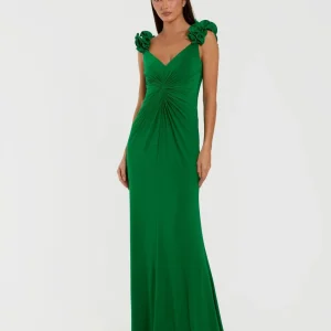Green Sleeveless V-Neck Gown With Ruffled Straps