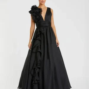 Black Ruffle Shoulder V-Neck Chiffon Gown