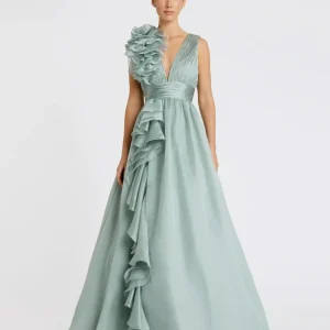 Green Ruffle Shoulder V-Neck Chiffon Gown