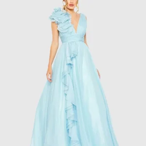 Light Blue Ruffle Shoulder V-Neck Chiffon Gown
