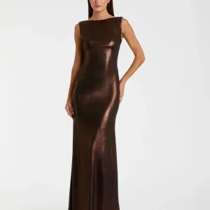 Brown Metallic Jersey Cowl Back Column Gown