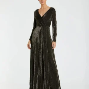 Long Sleeve Faux Wrap A Line Gown